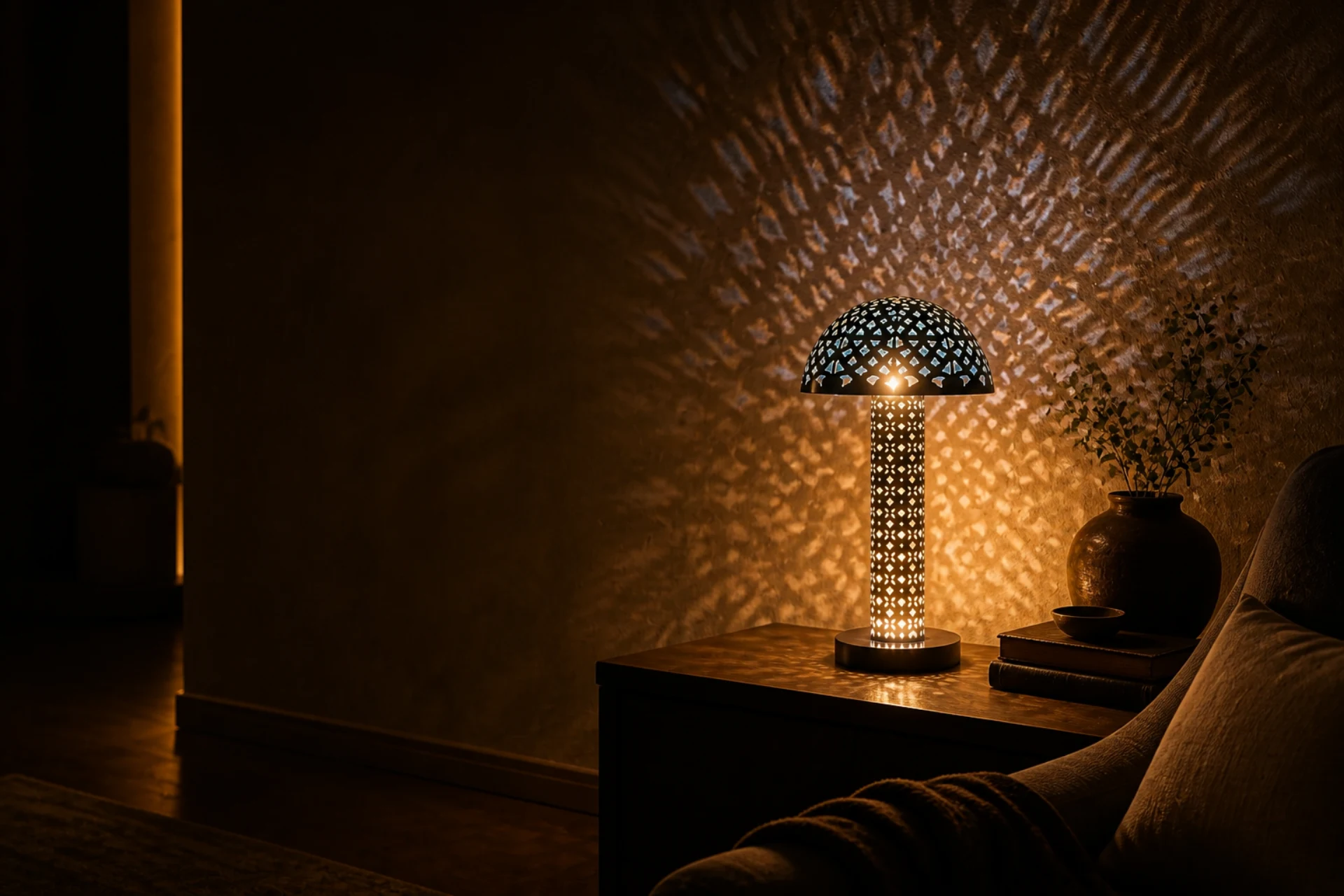 A sculptural Dropzilla lamp casting intricate patterns of warm light across a wall at dusk