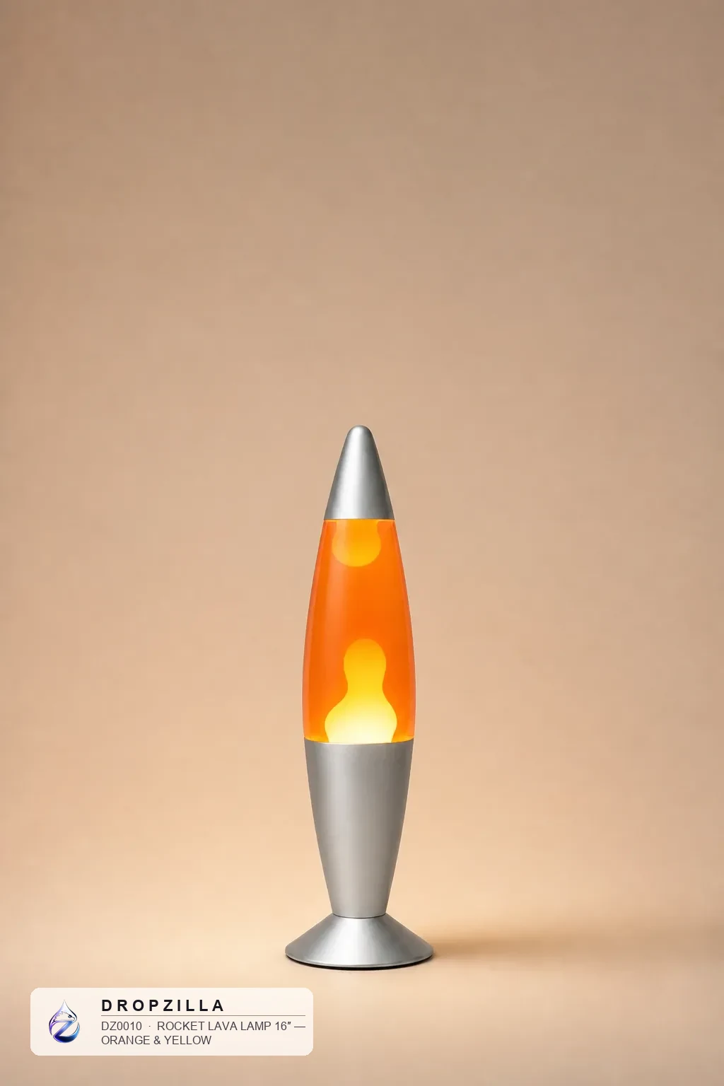 Rocket Lava Lamp 16″ — Orange & Yellow — Lava Lamps — Metal base + glass · wax motion — Dropzilla