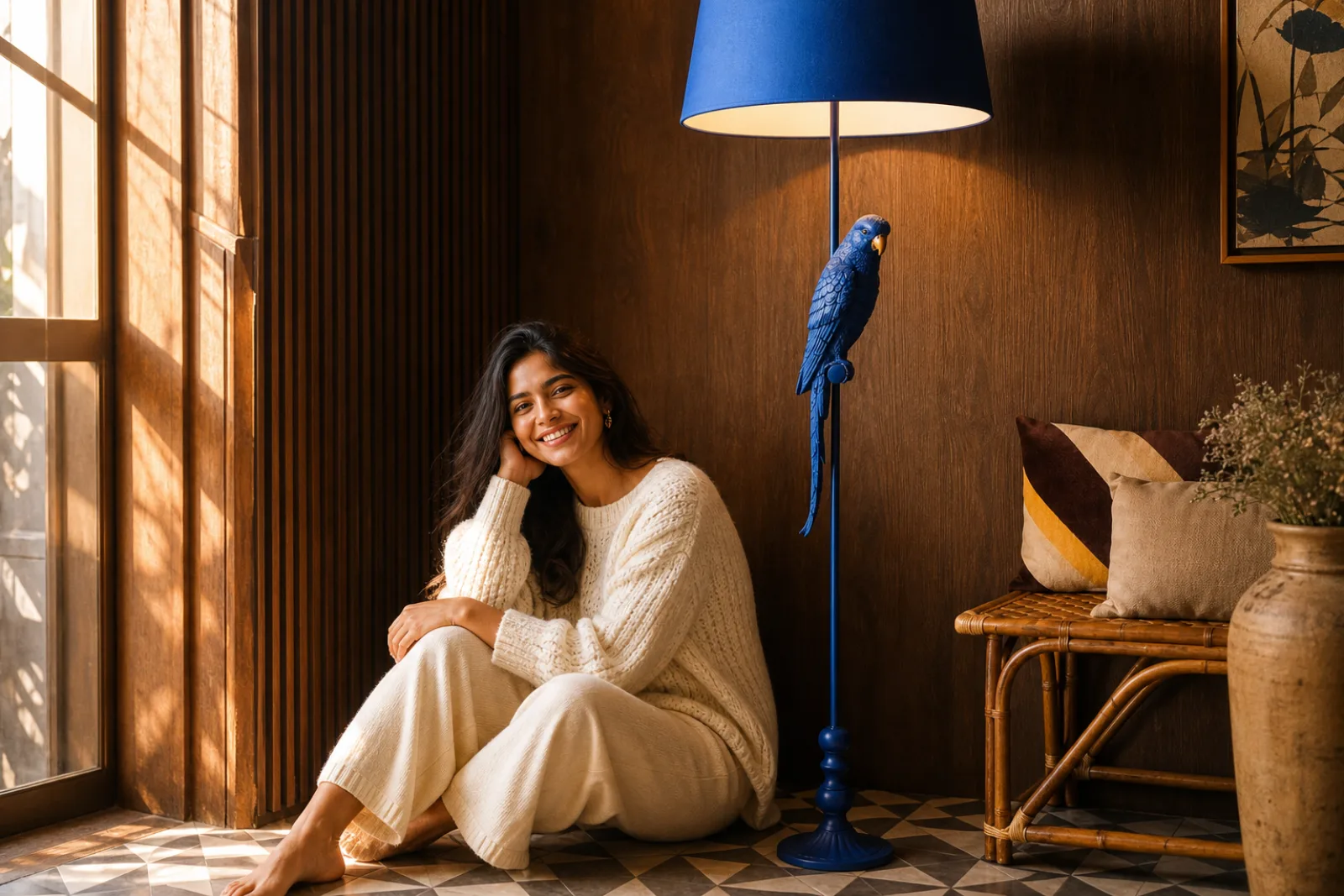 A cozy room styled with the Macaw floor lamp