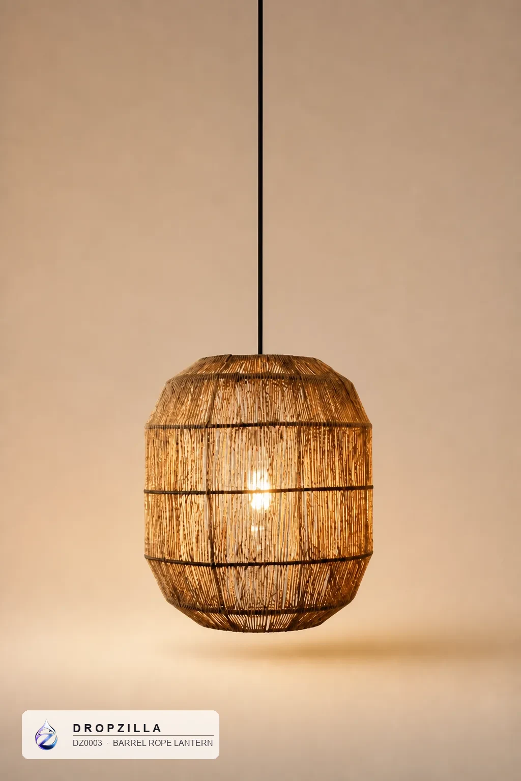 Barrel Rope Lantern — Pendant Lights — Hand-wrapped natural jute rope over a metal frame — Dropzilla