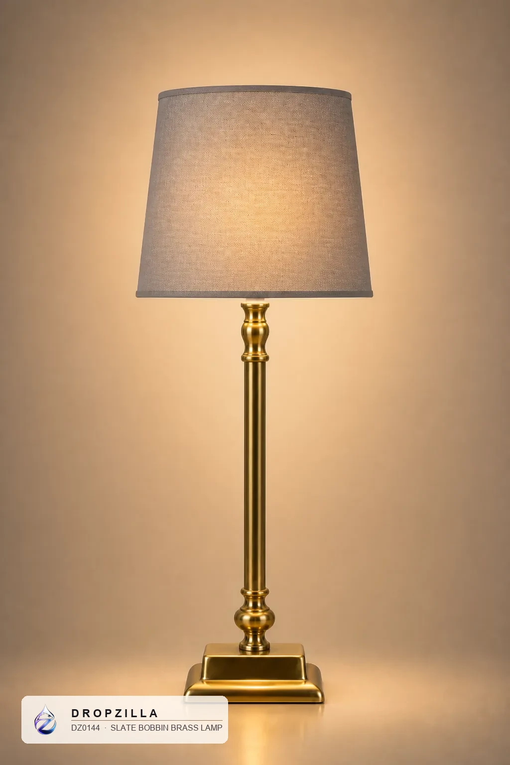 Slate Bobbin Brass Lamp — Table & Floor Lamps — Brass & aluminium with a golden finish, plus a fabric drum shade — Dropzilla