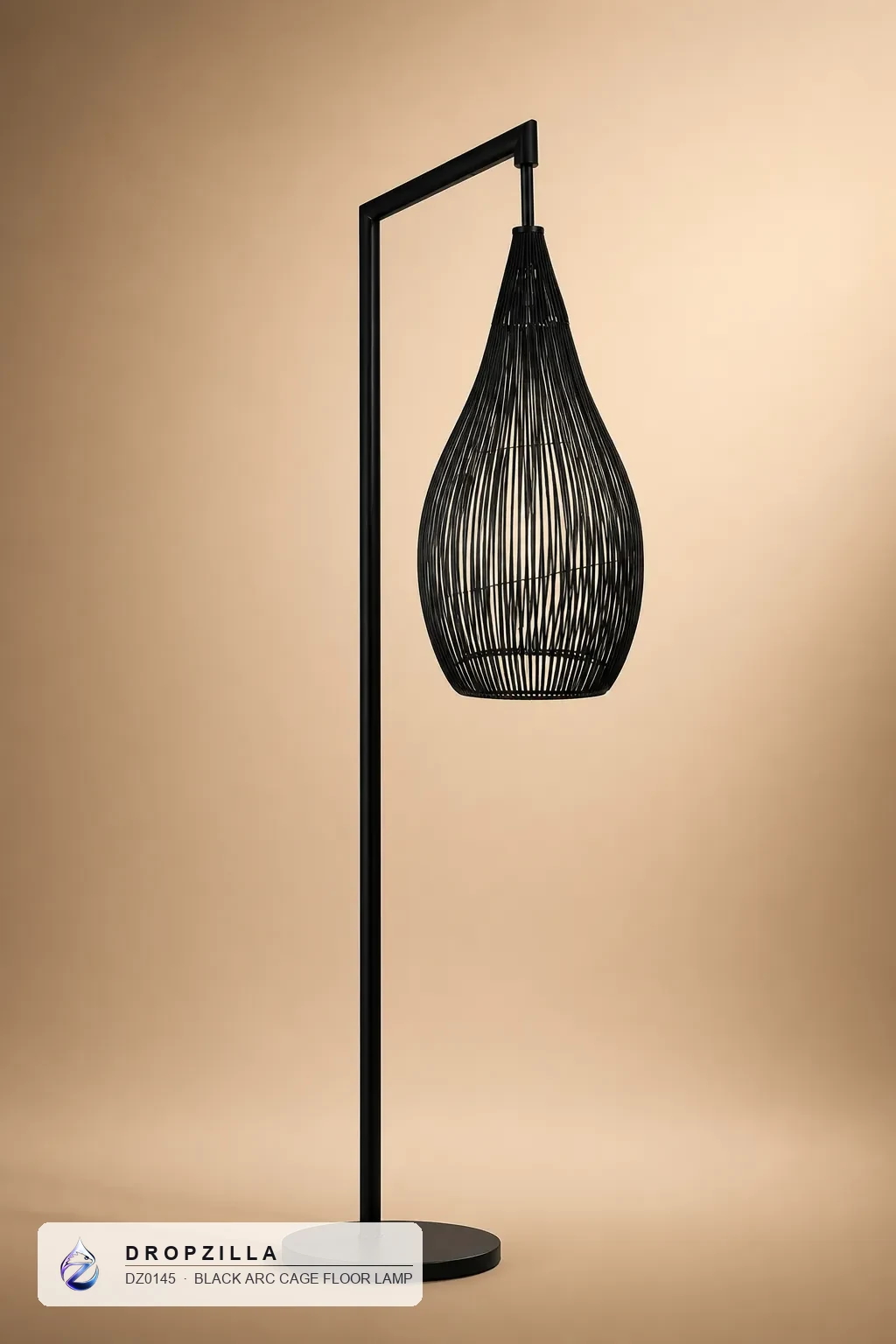 Black Arc Cage Floor Lamp — Table & Floor Lamps — Matte black iron wire cage on an arc arm (brass or aluminium, black finish) — Dropzilla