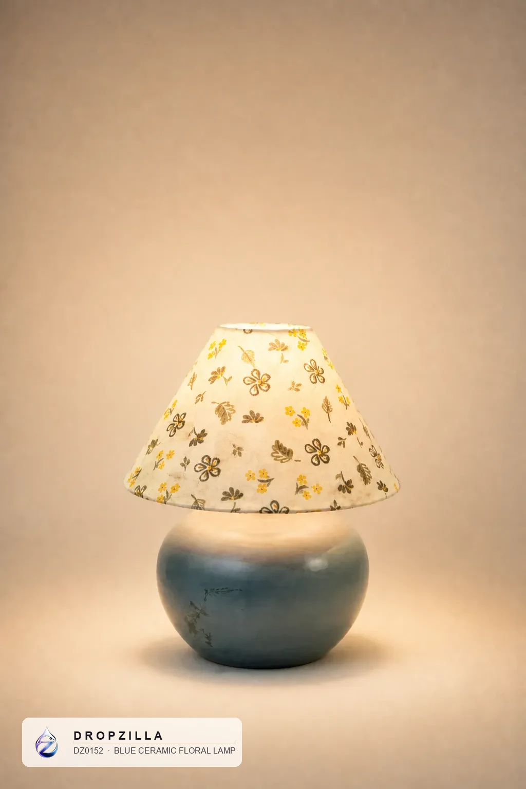 Blue Ceramic Floral Lamp — Accent Lamps — Blue ceramic sphere base with a floral fabric shade — Dropzilla