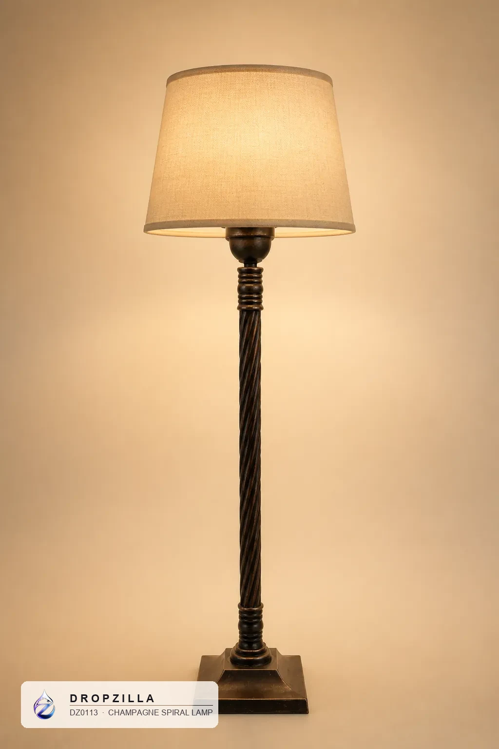 Champagne Spiral Lamp — Table & Floor Lamps — Tall brass spiral-twist stem, square foot (aluminium & brass, golden coating), plus a fabric drum shade — Dropzilla