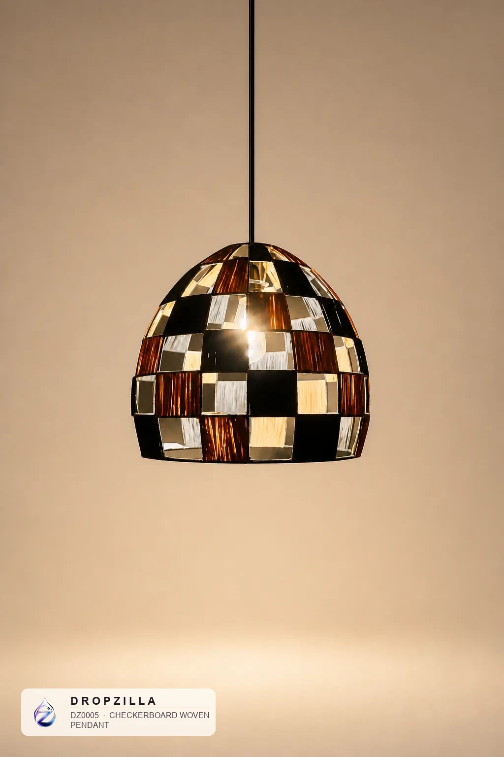 Checkerboard Woven Pendant — Pendant Lights — Hand-set mirror glass & wood tiles on a steel dome — Dropzilla