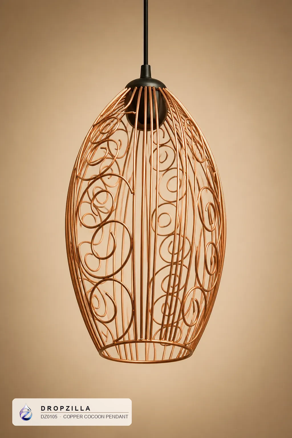 Copper Cocoon Pendant — Pendant Lights — Polished copper wire with sculptural scroll work — Dropzilla