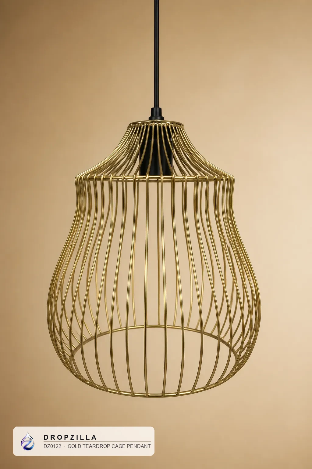 Gold Teardrop Cage Pendant — Pendant Lights — Brushed gold / brass-finish wire (aluminium & brass, golden coating) — Dropzilla