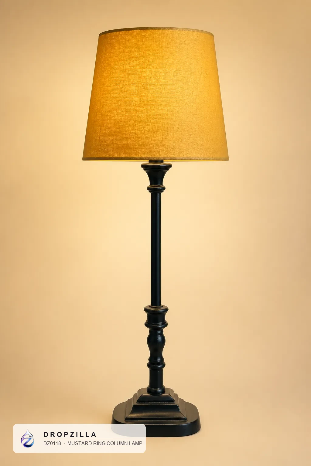 Mustard Ring Column Lamp — Table & Floor Lamps — Black multi-ring brass column (brass or aluminium, black finish), plus a fabric drum shade — Dropzilla
