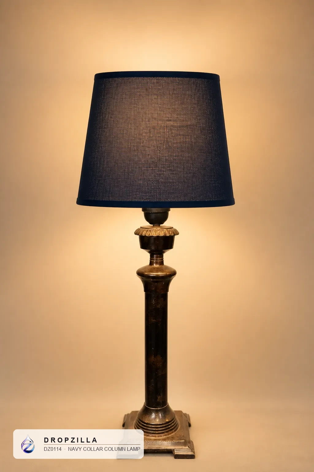 Navy Collar Column Lamp — Table & Floor Lamps — Brass column with fluted collar (aluminium & brass, golden coating), plus a fabric drum shade — Dropzilla