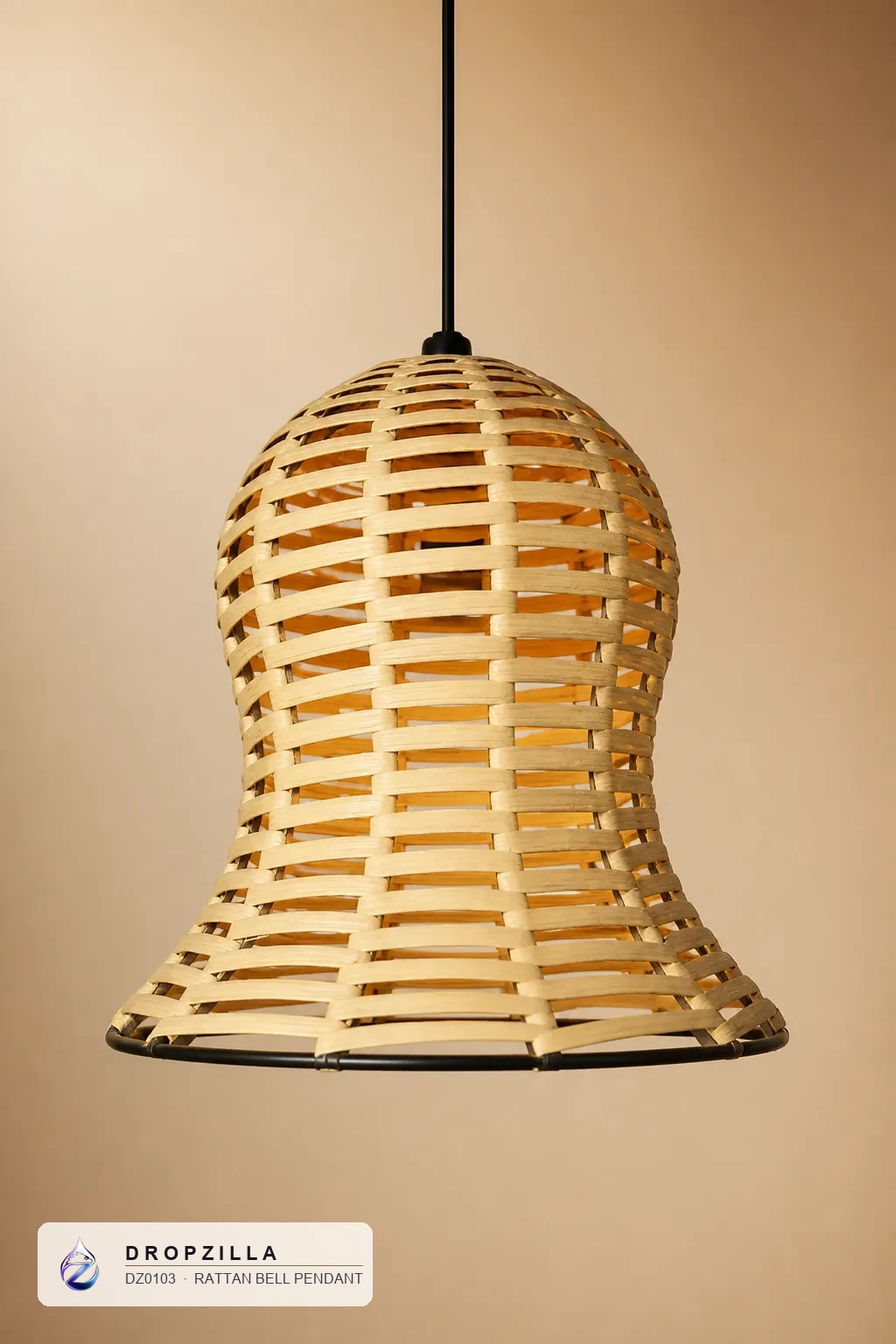 Rattan Bell Pendant — Pendant Lights — Handwoven natural rattan over a black metal rim — Dropzilla