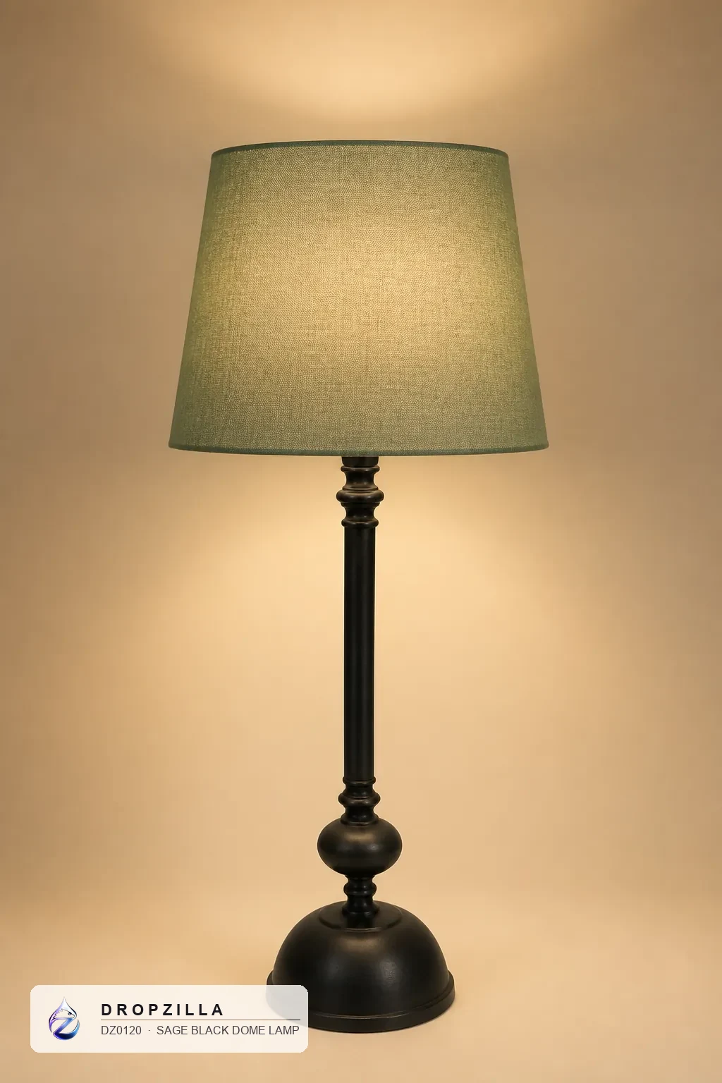 Sage Black Dome Lamp — Table & Floor Lamps — Black brass ball-knop column, dome foot (brass or aluminium, black finish), plus a fabric drum shade — Dropzilla