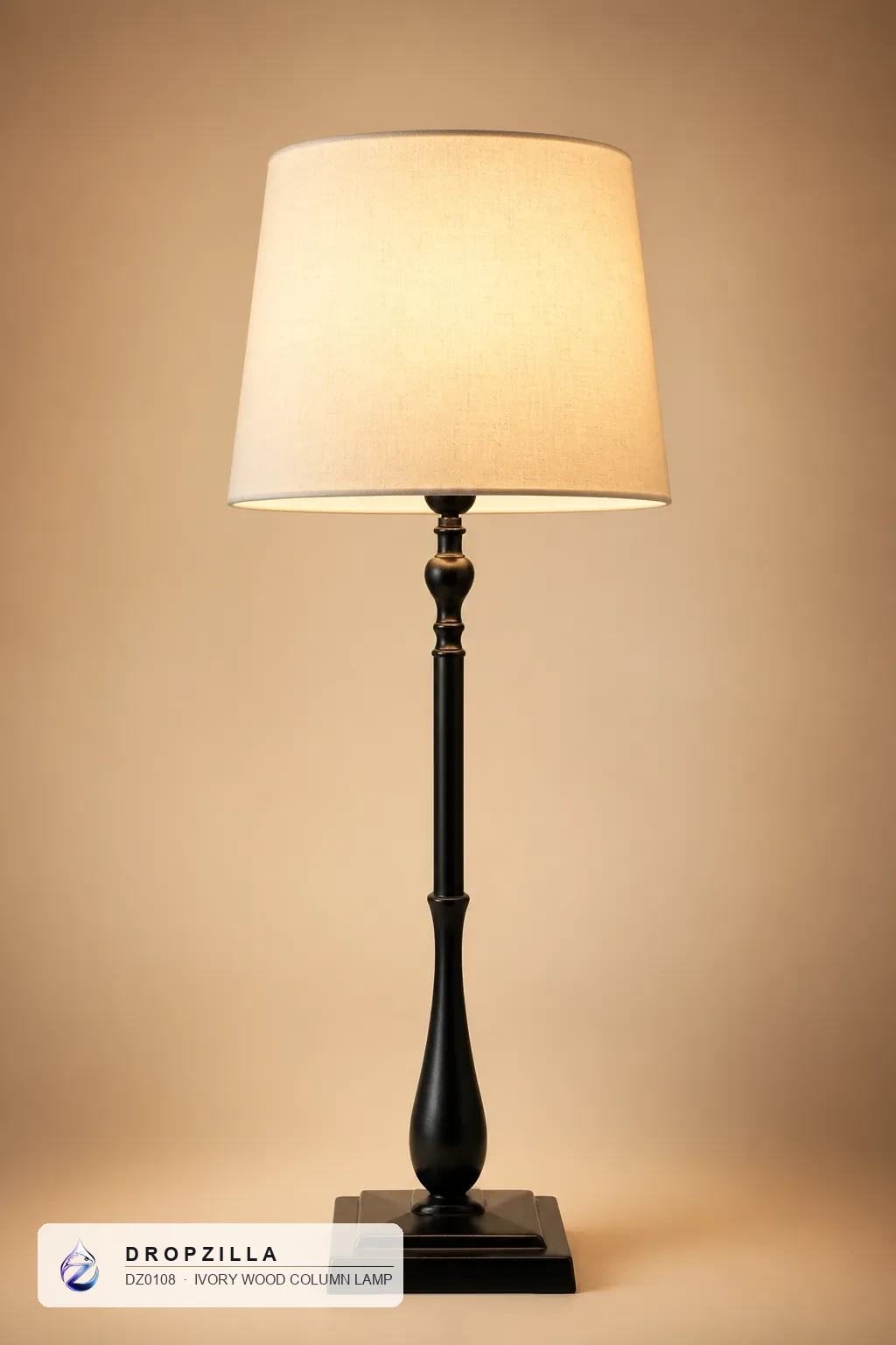 Ivory Wood Column Lamp — Table & Floor Lamps — Black turned wood vase-style column, square foot, plus a fabric drum shade — Dropzilla